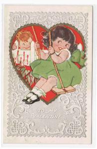 Little Girl on Swing Valentine Day Greeting 1910c postcard