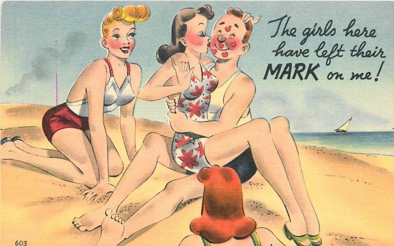 Postcard 1940s Sexy beach woman leaves her mark ladies witness kisses TP24-1091