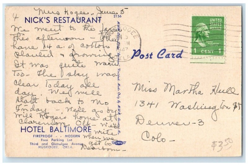 1947 Hotel Baltimore And Nick's Restaurant Muskogee Oklahoma Multiview Postcard