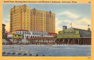 Galveston Texas~Beach Scene @ Hotel Buccaneer & Murdoch's Bathhouse~'42 Postcard