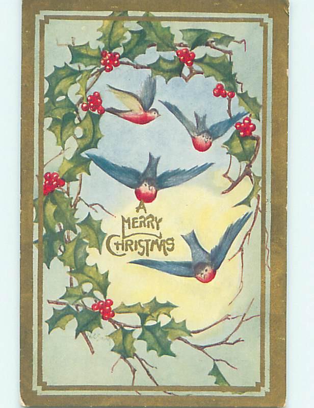 Pre-Linen christmas BEAUTIFUL BLUE AND RED BIRDS FLYING THROUGH THE HOLLY hr2843