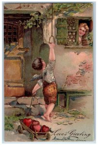 c1905 Valentine Greeting Angel Hearts Girl In Window Embossed Antique Postcard 