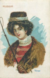 Patriotic military woman Russia uniform chromo artist vintage postcard ww1 