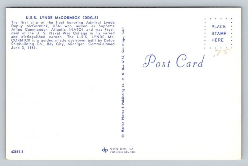 US Navy   USS Lynde McCormick  DDG-8 Guided Missile Destroyer   Postcard