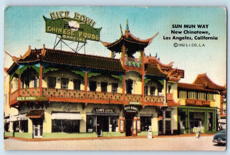 1953 Los Angeles California Postcard Sun Mun Way New Chinatown Restaurant Rice