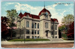 c1910's City Hall Building Clock Tower Entrance Flint Michigan Antique Postcard