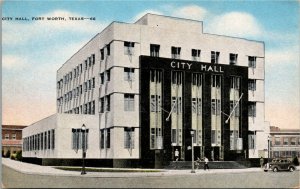 Postcard TX Fort Worth The New City Hall Building LINEN Old Car 1940s S53
