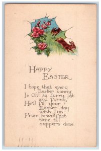 1923 Happy Easter Rabbit Bunny Running Pink Flowers Peoria Illinois IL Postcard 