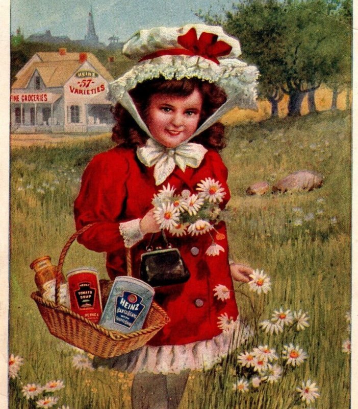 Heinz Victorian Trade Card Dressed Girl Basket Baked Beans Tomato Soup Relish