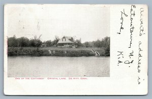 DE WITT IA CRYSTAL LAKE COTTAGE ANTIQUE POSTCARD w/ CORK CANCEL