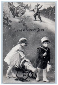 New Year Postcard Bonne Annee Elves Gnomes Champagne Snowfall 1916 Antique