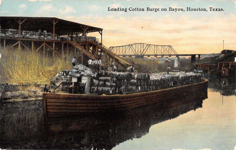 Houston Texas Loading Cotton Barge on Bayou Vintage Postcard AA23697