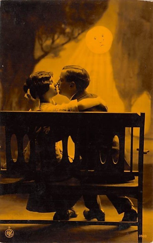 Moon Post Card Man and Woman Kissing on Bench in Moonlight Unused