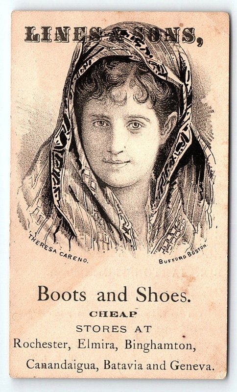 1880s ROCHESTER NY LINES & SONS CHEAP BOOTS & SHOES VICTORIAN TRADE CARD 46-277