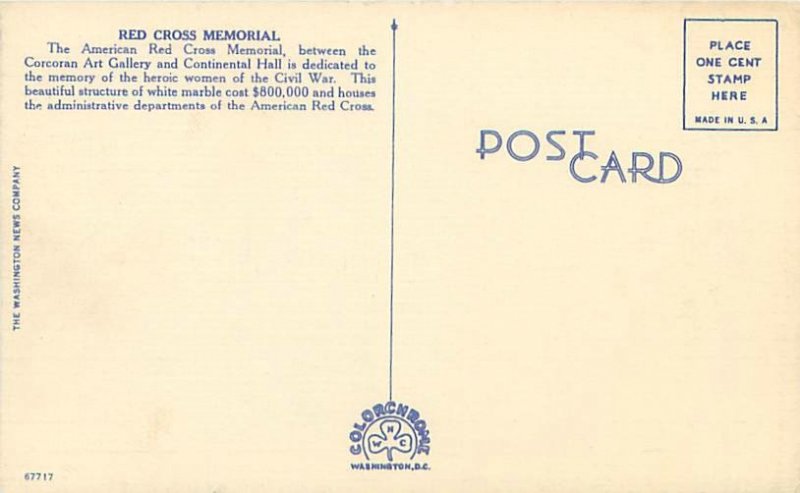 Washington DC Red Cross Memorial Linen Postcard Unused