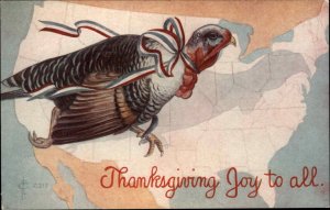 CFL Thanksgiving Turkey Over Map of United States c1910 Vintage Postcard