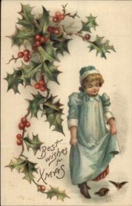 Little Girl in Blue Nightgown c1910 Christmas Postcard rpx