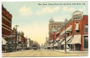 Little Rock AR Main Street Store Fronts Trolley Horse & Wagon Postcard