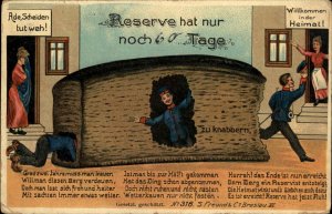 WWI GERMAN Political Cartoon Soldier Chews Giant Bread to Reach War's End