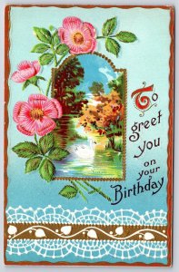 To Greet You On Your Birthday Flowers And River Landscaped Postcard