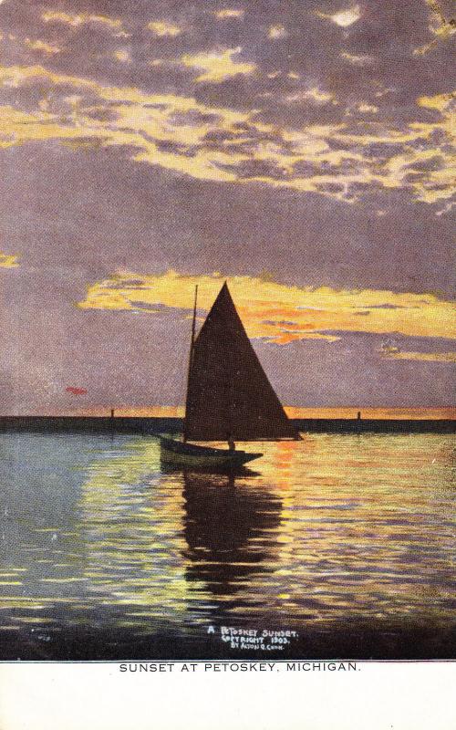 Antique Postcard, Alton Cook #406, Sunset at Petosky, Michigan Sailboat A22