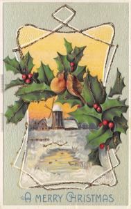 Merry Christmas c1910 Embossed Postcard Holly Birds Windmill Frozen Lake