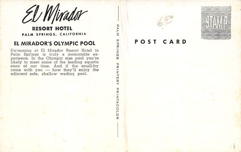 Palm Springs California 1950s Postcard El Mirador Resort Hotel Pool