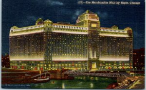 1940s Night View Merchandise Mart Chicago Illinois Postcard