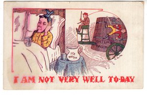 Vintage Humour Cartoon, I am Not Very Well Today, Sick Man Bed Used 1907, Signed