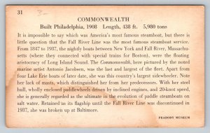 Steamer  Commonwealth  Steamship  Fall River Massachusetts Line   Postcard