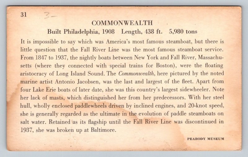 Steamer  Commonwealth  Steamship  Fall River Massachusetts Line   Postcard