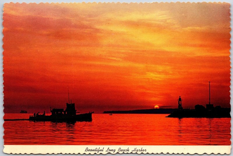 Beautiful Long Beach Harbor California Sunset View Boats Sailing Postcard