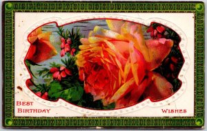 Best Birthday Wishes Red Plaque Roses Flower Green Frame Postcard