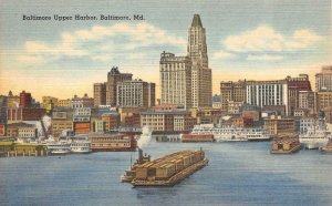 BALTIMORE, Maryland MD   UPPER HARBOR  Skyline~Barges~Ships  1945 Linen Postcard