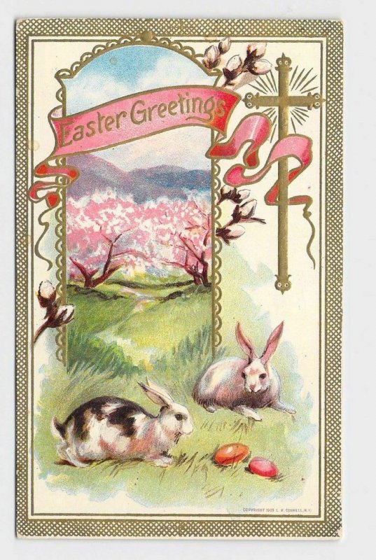 ANTIQUE POSTCARD EASTER BUNNY RABBIT RELIGIOUS CROSS PUSSY WILLOW EMBOSSED EGGS 