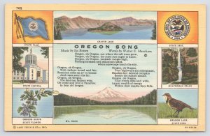 Oregon~Song By Walter Meacham~State Flag & Seal~Crater Lake~Vintage Linen PC