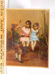 Victorian Trade Card Lovely Children Posing Sitting On Swing Sunday Dress F41