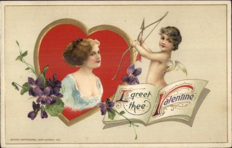 Valentine - Beautiful Woman Framed by Heart & Cupid 1912 Postcard