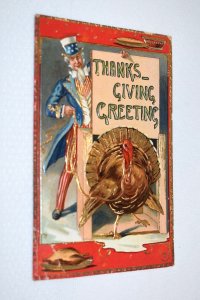 Thanksgiving Greetings Postcard Turkey Uncle Sam Pie Made in Germany