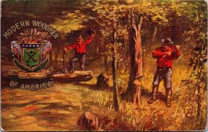 Artist Postcard Modern Woodmen of America Men Chopping Down Tree in Forest