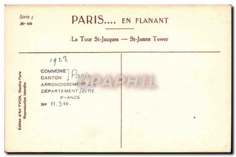 Old Postcard Paris strolling La Tour St Jacques