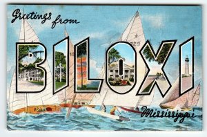 Greetings From biloxiMississippi Large Letter Linen Postcard Kropp Sail Boats