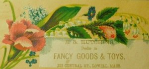 E.R Hutchins Fancy Goods & Toys, Floral Image Victorian Trade Card C3