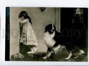 414951 COLLIE & Girl w/ DOLL by BARBER Vintage RUSSIAN PC 