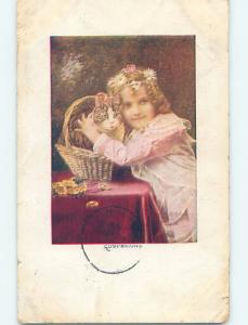 c1910 COMPANIONS - CUTE GIRL HUGS HER KITTEN CAT IN WICKER BASKET HL5571