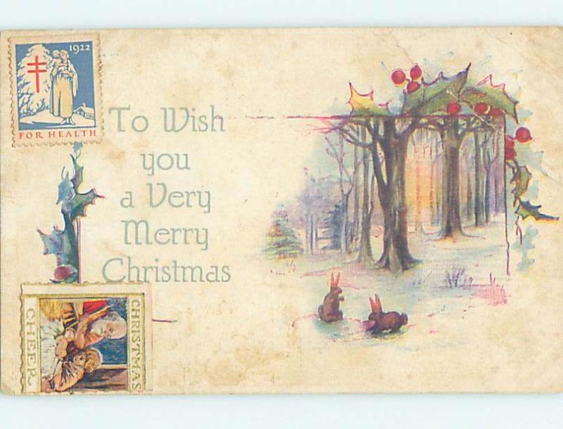 1922 Two CHRISTMAS SEAL STAMPS ON BUNNY RABBIT CHRISTMAS POSTCARD hk9202