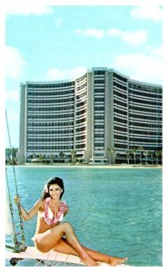 Sheraton Waikiki Hotel Issued Postcard with Woman on Catamaran on the Water