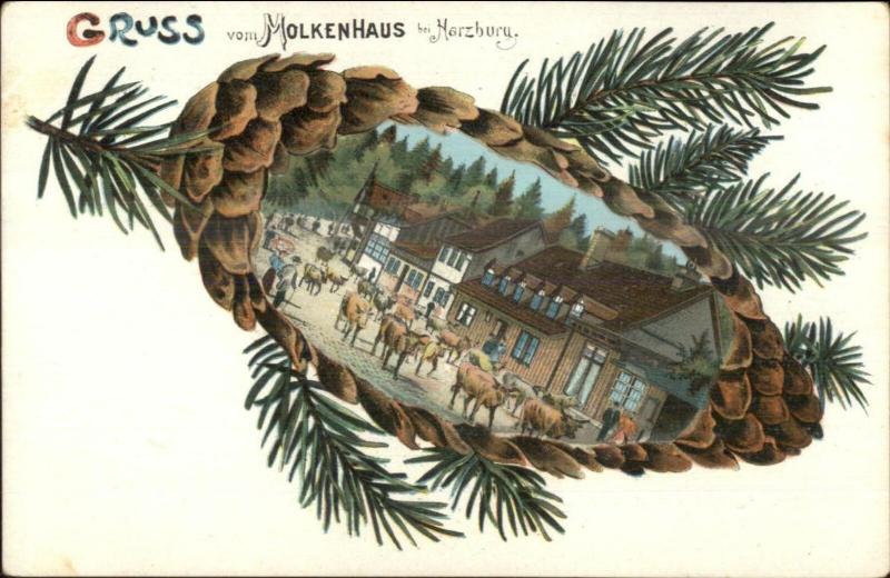 Gruss Aus vom Mokenhaus bei Harzburg Germany Pine Cone Border Postcard