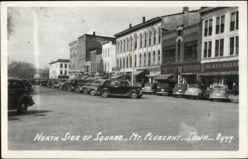 Mt. Pleasant IA Stores Cars on Square Real Photo Postcard United
