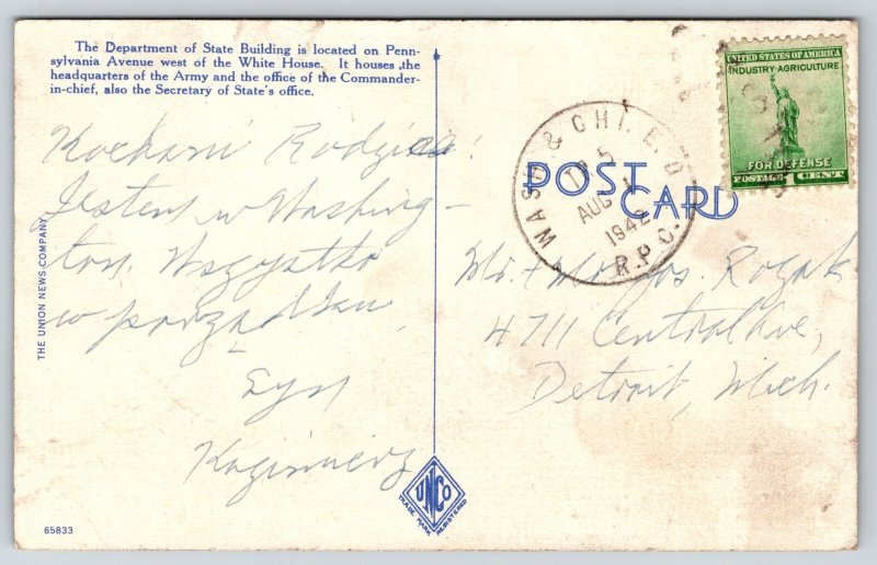 Washington DC~Dept State Bldg~Statue~Flags~French 2nd Empire~Linen 1942 Postcard